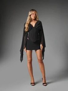 MISSGUIDED Plunge Neck Corset Mini Dress With Dramatic Batwing Chiffon Sleeves Lace-Up Back Cut-Out Waist Party Night Out - Black - View 4