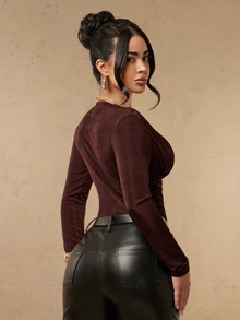 Silquee Women's Solid Color Deep V-Neck Long Sleeve Ruched Sexy Top - Coffee Brown - View 5