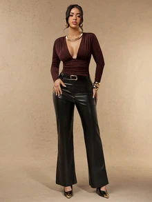 Silquee Women's Solid Color Deep V-Neck Long Sleeve Ruched Sexy Top - Coffee Brown - View 7