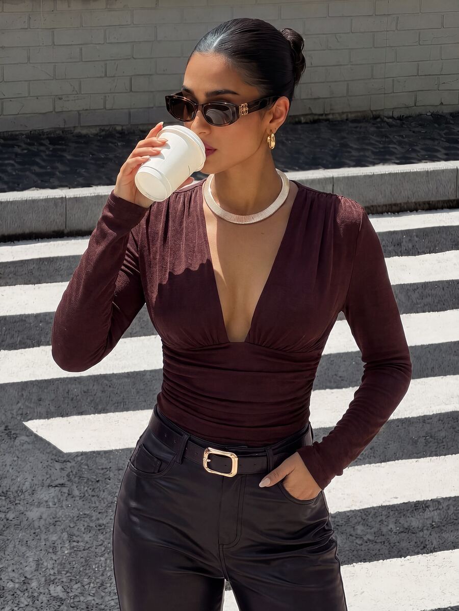 Silquee Women's Solid Color Deep V-Neck Long Sleeve Ruched Sexy Top