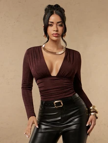 Silquee Women's Solid Color Deep V-Neck Long Sleeve Ruched Sexy Top - Coffee Brown - View 8