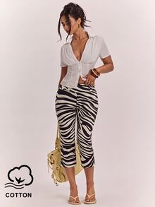 SHEIN BAE Women's Fashion Zebra Print Button Decor Capri Pants,Thanksgiving,Holiday Party, - Black and White - View 1