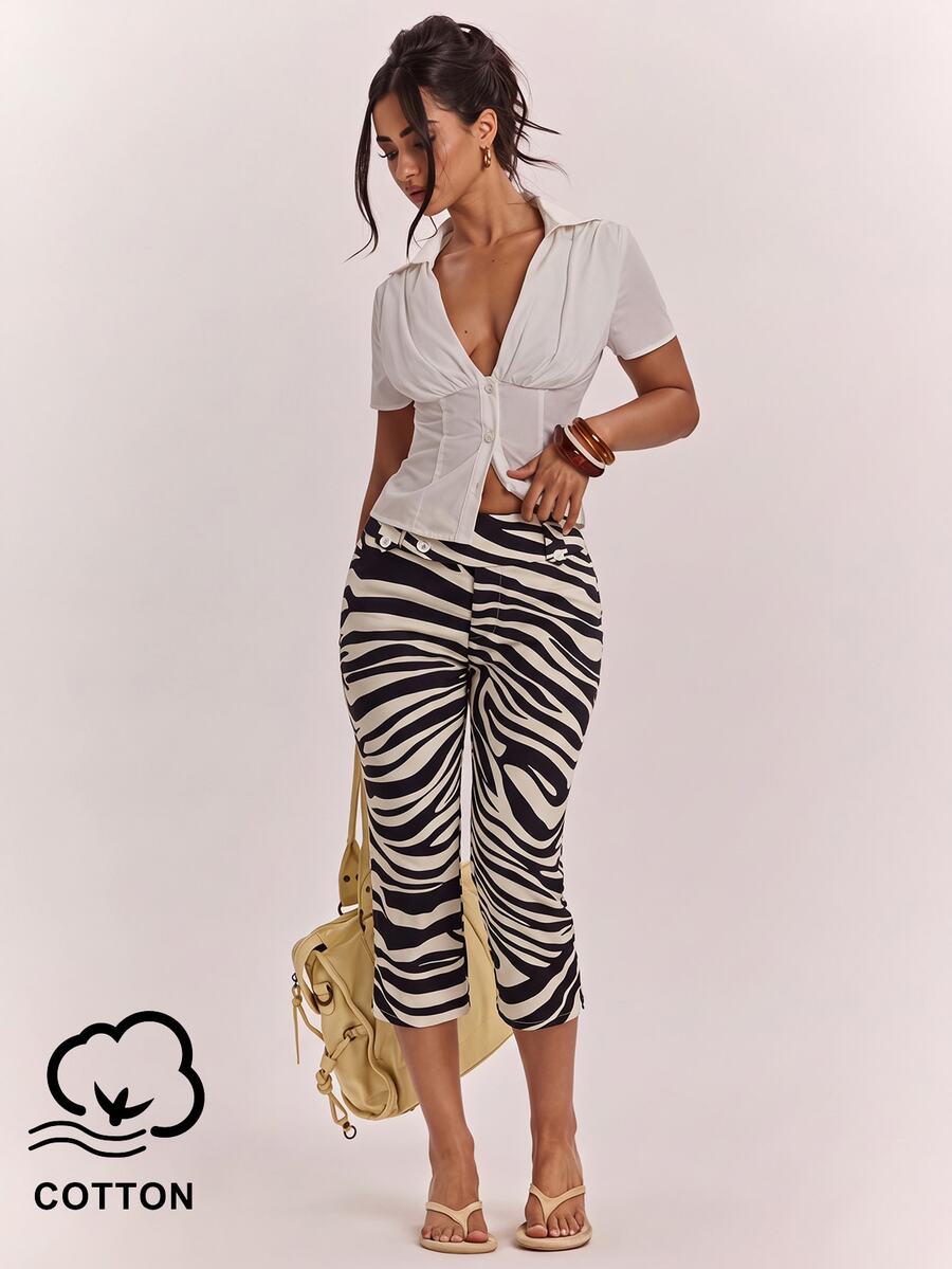SHEIN BAE Women's Fashion Zebra Print Button Decor Capri Pants,Thanksgiving,Holiday Party, - Black and White - View 1