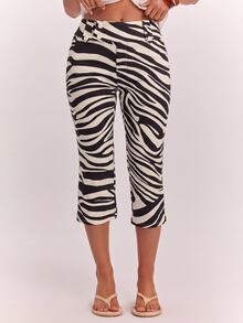 SHEIN BAE Women's Fashion Zebra Print Button Decor Capri Pants,Thanksgiving,Holiday Party, - Black and White - View 6