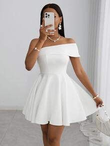 Slaydiva New Spring/Summer 2025 White Off-Shoulder Mini Dress - Elegant Romantic Wedding Fitted Suitable For Music Festival, Party, Club, Dinner - White - View 5
