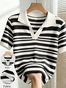 Rosivaux Women's Simple Solid Color Turndown Collar Short Sleeve Casual Fitted Knit Top, Versatile For Spring/Summer - Black and White - View 9