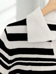Rosivaux Women's Simple Solid Color Turndown Collar Short Sleeve Casual Fitted Knit Top, Versatile For Spring/Summer - Black and White - View 6