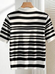 Rosivaux Women's Simple Solid Color Turndown Collar Short Sleeve Casual Fitted Knit Top, Versatile For Spring/Summer - Black and White - View 4