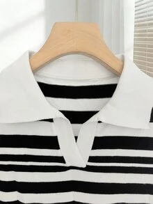 Rosivaux Women's Simple Solid Color Turndown Collar Short Sleeve Casual Fitted Knit Top, Versatile For Spring/Summer - Black and White - View 5