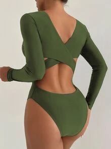 SHEIN Swim Women's Solid Color Backless Long Sleeve One-Piece Swimsuit For Summer Beach Vacation - Army Green - View 1