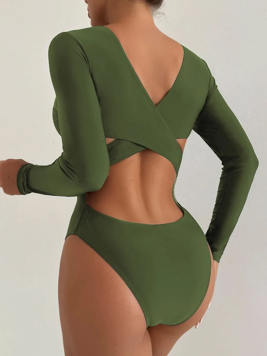 SHEIN Swim Women's Solid Color Backless Long Sleeve One-Piece Swimsuit For Summer Beach Vacation - Army Green - View 1