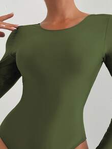 SHEIN Swim Women's Solid Color Backless Long Sleeve One-Piece Swimsuit For Summer Beach Vacation - Army Green - View 3