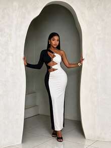 Mistrie Black & White Color Block Hollow Out Asymmetrical Shoulder Single Sleeve Metal Ring Design Fitted Bodycon Dress - Black and White - View 9