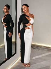 Mistrie Black & White Color Block Hollow Out Asymmetrical Shoulder Single Sleeve Metal Ring Design Fitted Bodycon Dress - Black and White - View 2