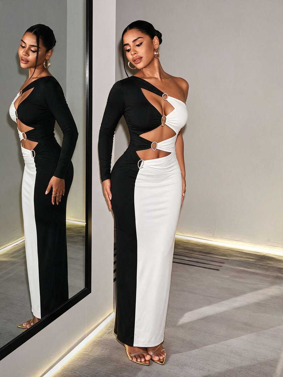 Mistrie Black & White Color Block Hollow Out Asymmetrical Shoulder Single Sleeve Metal Ring Design Fitted Bodycon Dress