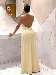Slaydiva Elegant Deep V-Neck Halter-Neck Long A-Line Dress With High Slit. Perfect For Parties And Weddings-A - Yellow - View 3