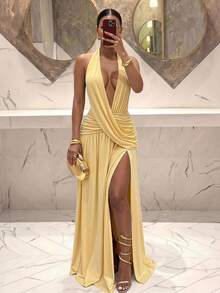 Slaydiva Elegant Deep V-Neck Halter-Neck Long A-Line Dress With High Slit. Perfect For Parties And Weddings-A - Yellow - View 2