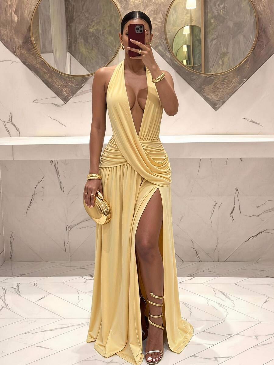 Slaydiva Elegant Deep V-Neck Halter-Neck Long A-Line Dress With High Slit. Perfect For Parties And Weddings-A