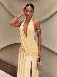 Slaydiva Elegant Deep V-Neck Halter-Neck Long A-Line Dress With High Slit. Perfect For Parties And Weddings-A - Yellow - View 5