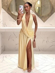 Slaydiva Elegant Deep V-Neck Halter-Neck Long A-Line Dress With High Slit. Perfect For Parties And Weddings-A - Yellow - View 7