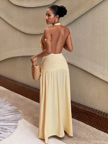 Slaydiva Elegant Deep V-Neck Halter-Neck Long A-Line Dress With High Slit. Perfect For Parties And Weddings-A - Yellow - View 4