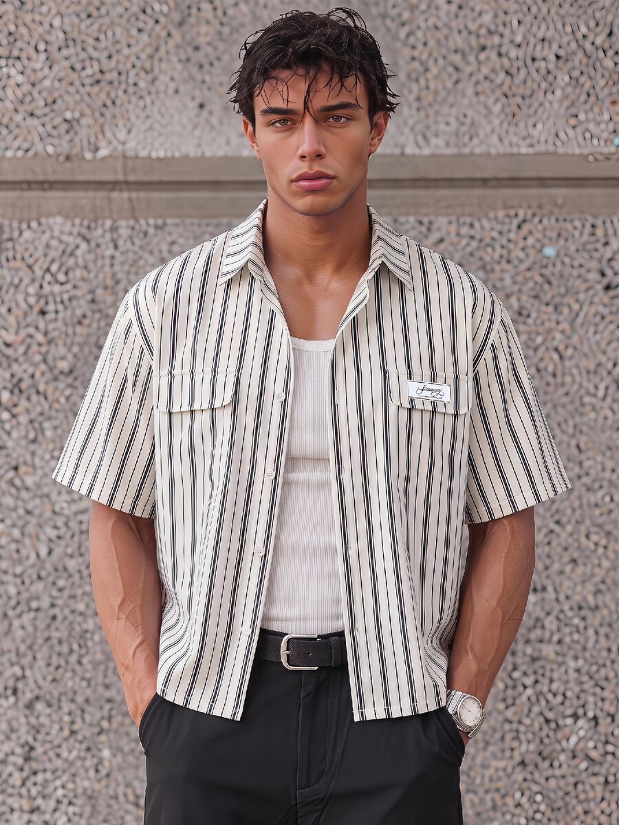 ESTAVOR Men's Striped Short Sleeve Single-Breasted Casual Commute Shirt - White - View 1