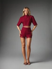 MISSGUIDED High Neck Open Back Crop Top And High Waist Lace Trim Mini Shorts Co-Ord Set Valentines Date Night Party Occasion - Burgundy - View 3