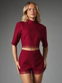 MISSGUIDED High Neck Open Back Crop Top And High Waist Lace Trim Mini Shorts Co-Ord Set Valentines Date Night Party Occasion - Burgundy - View 1