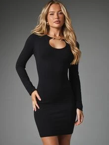 MISSGUIDED Long Sleeve Black Cut-Out Neckline Bodycon Mini Knit Dress With Gold Chain Hardware Detail For Party And Holiday Season - Black - View 1