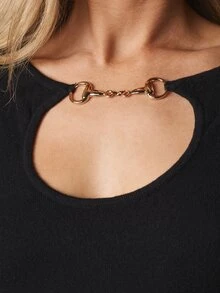 MISSGUIDED Long Sleeve Black Cut-Out Neckline Bodycon Mini Knit Dress With Gold Chain Hardware Detail For Party And Holiday Season - Black - View 5