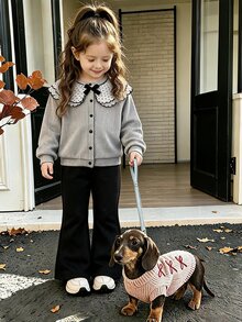 SHEIN Playful Pals Girls' Gray Ribbed Long-Sleeve Cardigan Jacket And Solid-Color Bell-Bottom Pants Two Pieces SetCasual, Relaxed-Style Outfit For Spring And Fall - Black - View 1