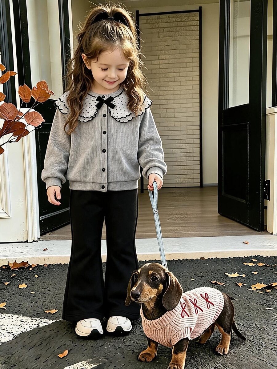SHEIN Playful Pals Girls' Gray Ribbed Long-Sleeve Cardigan Jacket And Solid-Color Bell-Bottom Pants Two Pieces SetCasual, Relaxed-Style Outfit For Spring And Fall - Black - View 1
