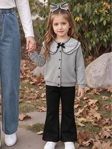 SHEIN Playful Pals Girls' Gray Ribbed Long-Sleeve Cardigan Jacket And Solid-Color Bell-Bottom Pants Two Pieces SetCasual, Relaxed-Style Outfit For Spring And Fall - Black - View 10