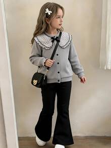 SHEIN Playful Pals Girls' Gray Ribbed Long-Sleeve Cardigan Jacket And Solid-Color Bell-Bottom Pants Two Pieces SetCasual, Relaxed-Style Outfit For Spring And Fall - Black - View 3