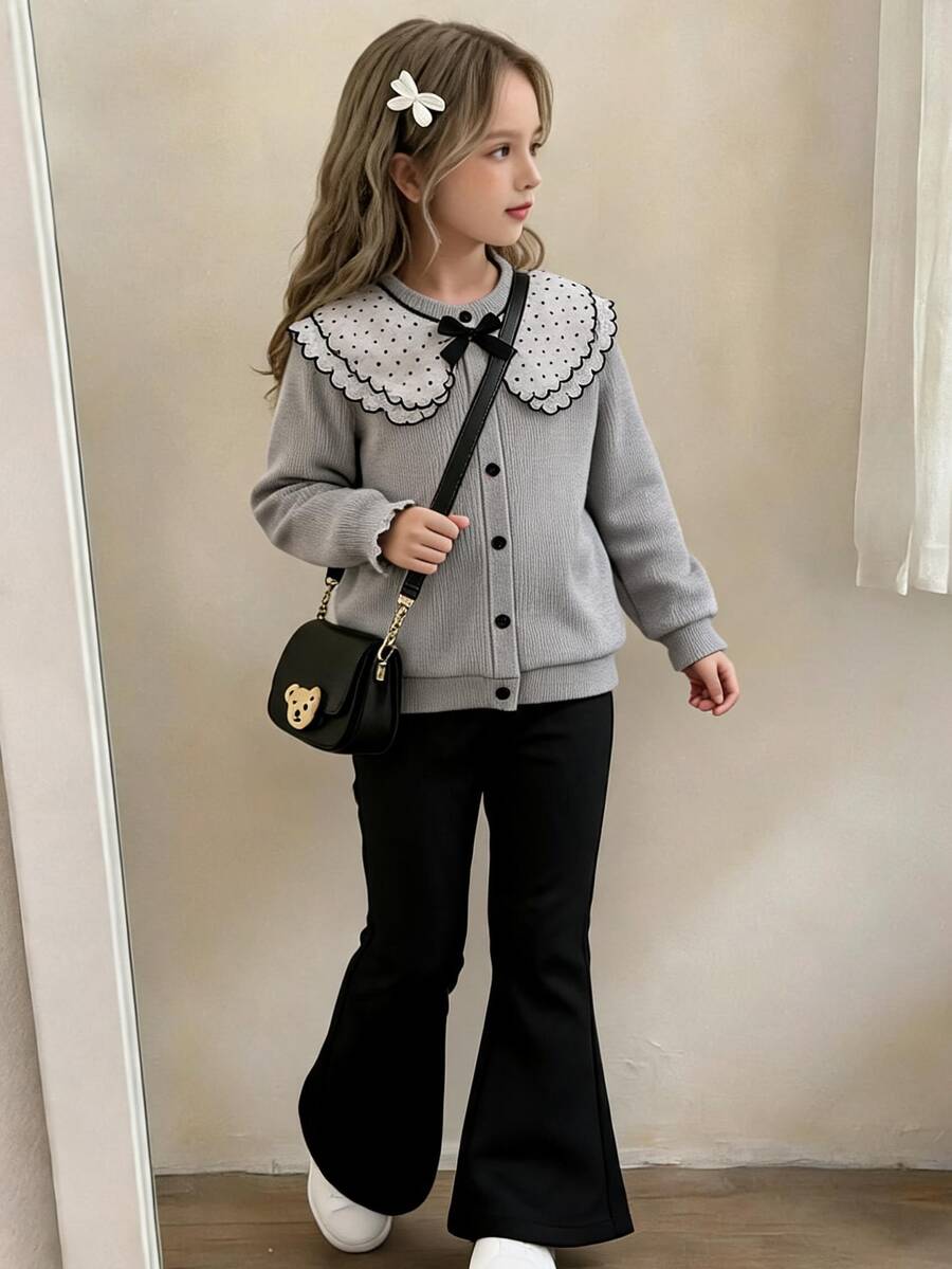 SHEIN Playful Pals Girls' Gray Ribbed Long-Sleeve Cardigan Jacket And Solid-Color Bell-Bottom Pants Two Pieces SetCasual, Relaxed-Style Outfit For Spring And Fall - Black - View 1