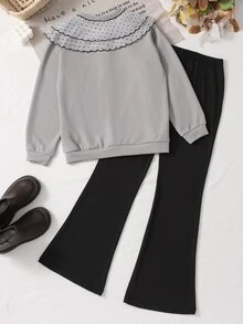 SHEIN Playful Pals Girls' Gray Ribbed Long-Sleeve Cardigan Jacket And Solid-Color Bell-Bottom Pants Two Pieces SetCasual, Relaxed-Style Outfit For Spring And Fall - Black - View 2