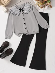 SHEIN Playful Pals Girls' Gray Ribbed Long-Sleeve Cardigan Jacket And Solid-Color Bell-Bottom Pants Two Pieces SetCasual, Relaxed-Style Outfit For Spring And Fall - Black - View 4