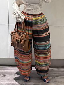 Slaydiva Plus Size Women's Pants, Color Stripe Elastic Waist Wide Leg Casual Trousers Fall - Multicolor - View 4