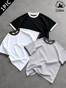 Major Grit Men's Contrast Trim Crew Neck Short Sleeve Pullover T-Shirt, Suitable For Daily Wear - Multicolor - View 1