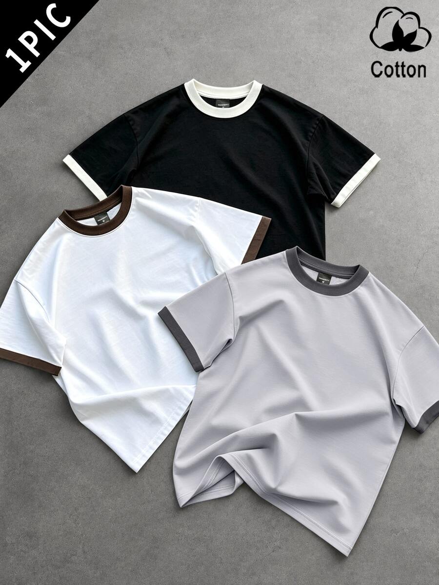 Major Grit Men's Contrast Trim Crew Neck Short Sleeve Pullover T-Shirt, Suitable For Daily Wear - Multicolor - View 1