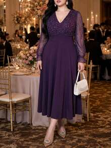 Vibekara Purple Colorblock Patchwork Evening Gown, V-Neck Sequin Puff Long Sleeve High Waist A-Line Maxi Party Dress, Suitable For Parties And Banquets - Purple - View 1