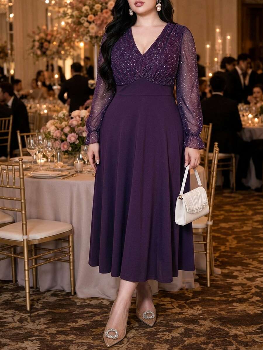 Vibekara Purple Colorblock Patchwork Evening Gown, V-Neck Sequin Puff Long Sleeve High Waist A-Line Maxi Party Dress, Suitable For Parties And Banquets - Purple - View 1