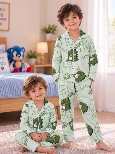 SHEIN Kids Young Boys Casual Versatile Loose Comfortable Dinosaur Print Open Front Pocket Lapel Long Sleeve Pants Loungewear Set Suitable For Home And Outings All Seasons