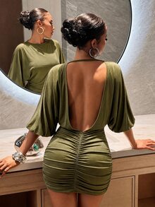 Slaydiva Women's Army Green Batwing Sleeve Backless Ruffled Bodycon Mini Dress - Sexy Party/Nightclub Outfit-B - Army Green - View 2