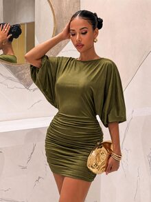 Slaydiva Women's Army Green Batwing Sleeve Backless Ruffled Bodycon Mini Dress - Sexy Party/Nightclub Outfit-B - Army Green - View 5