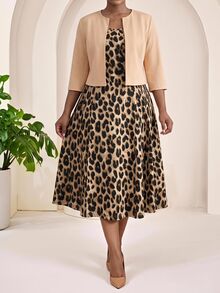 SHEIN Lady CURVE Setelan Kerja/Pesta Formal Wanita Ukuran Plus untuk Musim Gugur, Elegan, Cocok untuk Komuter, Kantor, dan Acara Malam. Atasan Polos dan Gaun Motif Leopard, Setelan 2 Potong, Warna Ungu Cokelat Muda, Cocok untuk Acara Sosial dan Kerja. - MultiWarna - View 4