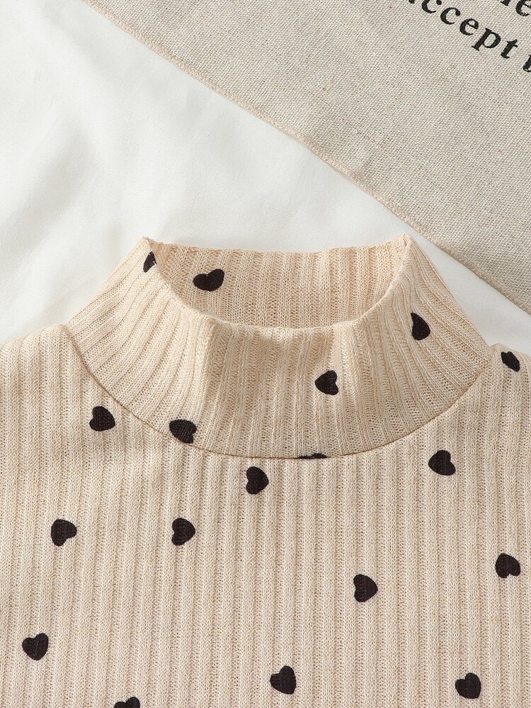 SHEIN Setelan Rajut Lengan Panjang 2 Potong untuk Bayi Perempuan Musim Semi/Gugur, Atasan Leher Tinggi dengan Motif Hati dan Hem Asimetris + Celana Panjang Model Lebar, Setelan Pakaian Bayi Kasual Lembut, Cocok untuk Pakaian Sehari-hari, Aktivitas Luar Ruangan, dan Liburan - Aprikot - View 4