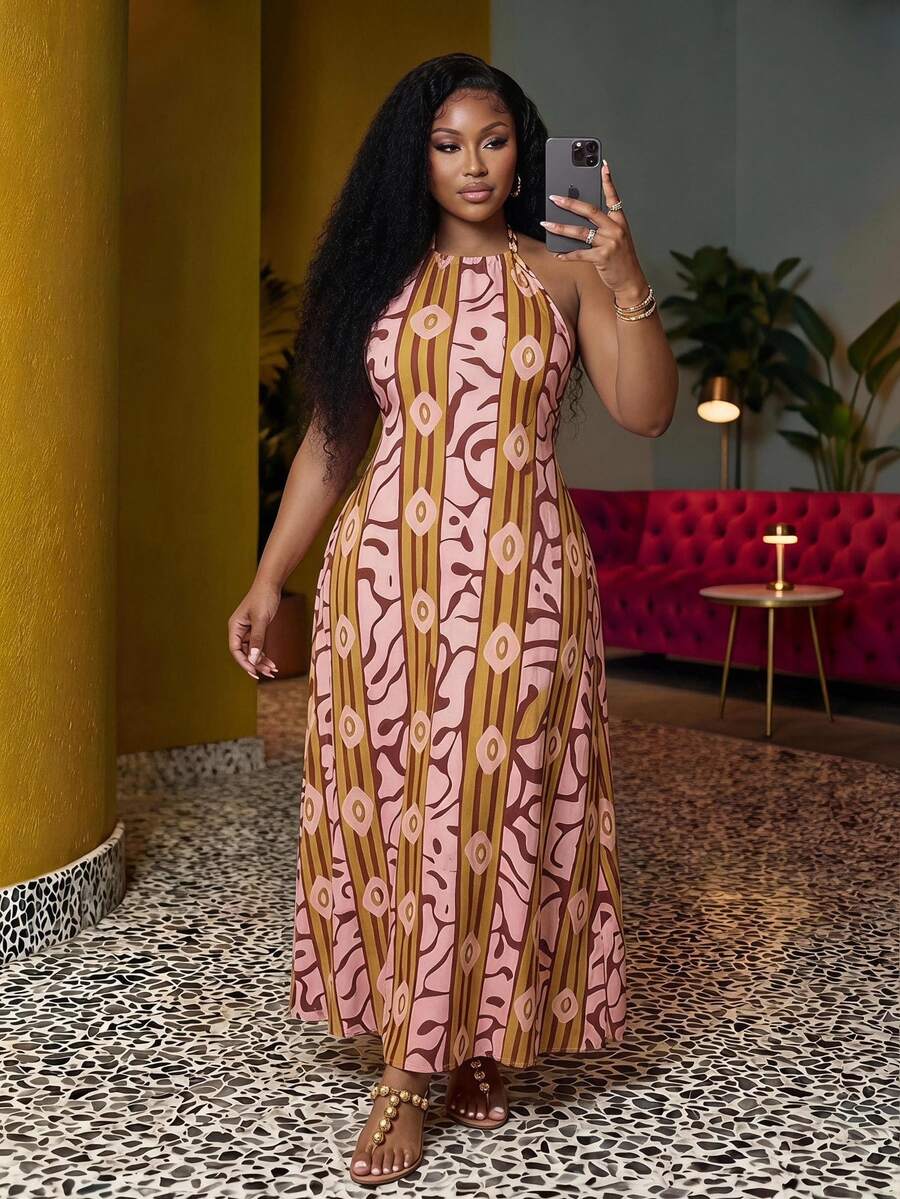 Veslaya Brown Pink,Summer,Boho,Vacation,Holiday Plus Size Maxi Dress, Sleeveless Halter Backless Geometric Pattern Loose Shirt Collar Open Front Dress