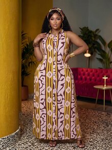 Veslaya Brown Pink,Summer,Boho,Vacation,Holiday Plus Size Maxi Dress, Sleeveless Halter Backless Geometric Pattern Loose Shirt Collar Open Front Dress - Multicolor - View 9