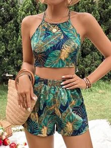 KARISMINA Tropical Print Tie Backless Halter Top & Shorts - Multicolor - View 5